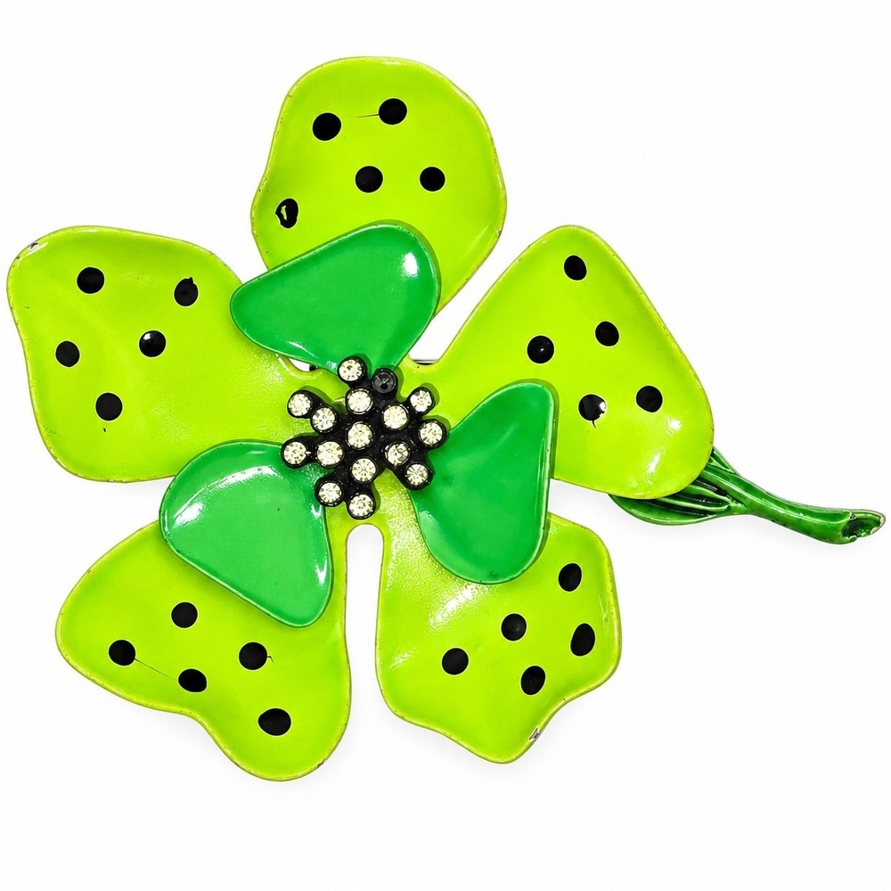 Vintage Hedy Enamel Flower Brooch Green Polka Dot Rhinestone 1960s Mod -3767